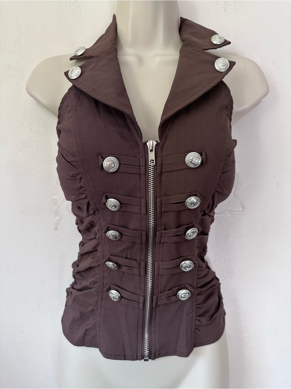 Sleeveless Military-Style Zip Front Top in Deep Brown